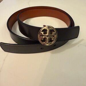 Tory Burch Reversible Black Leather Belt with Gold Buckle